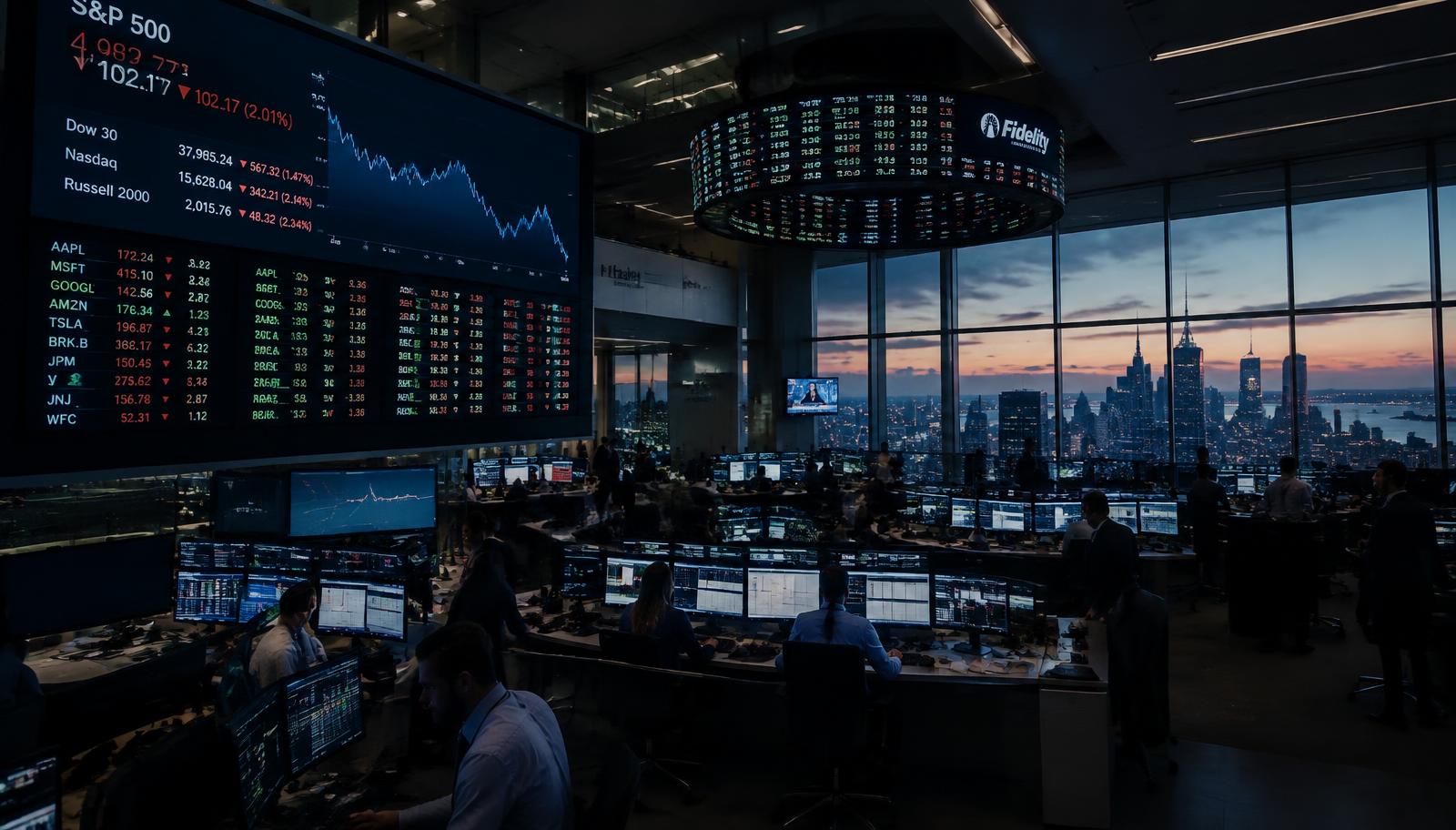 Trading floor at dusk with market data screens