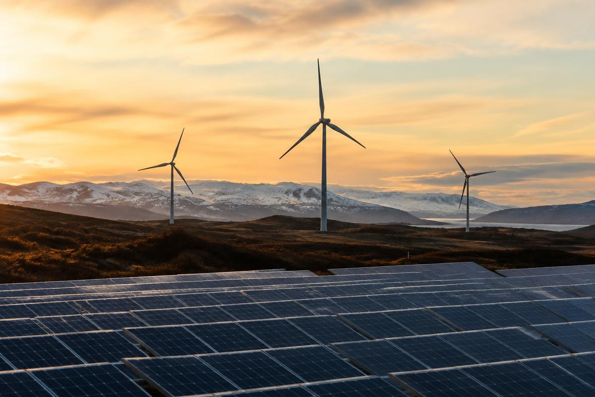 Wind turbines and solar panels at golden hour